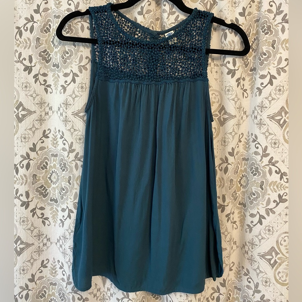 Teal/turquoise mixed media crochet top tank